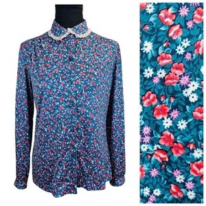 Vintage 1970s Nikki Floral Blouse Sz Small Cottagecore Retro Peter Pan Collar